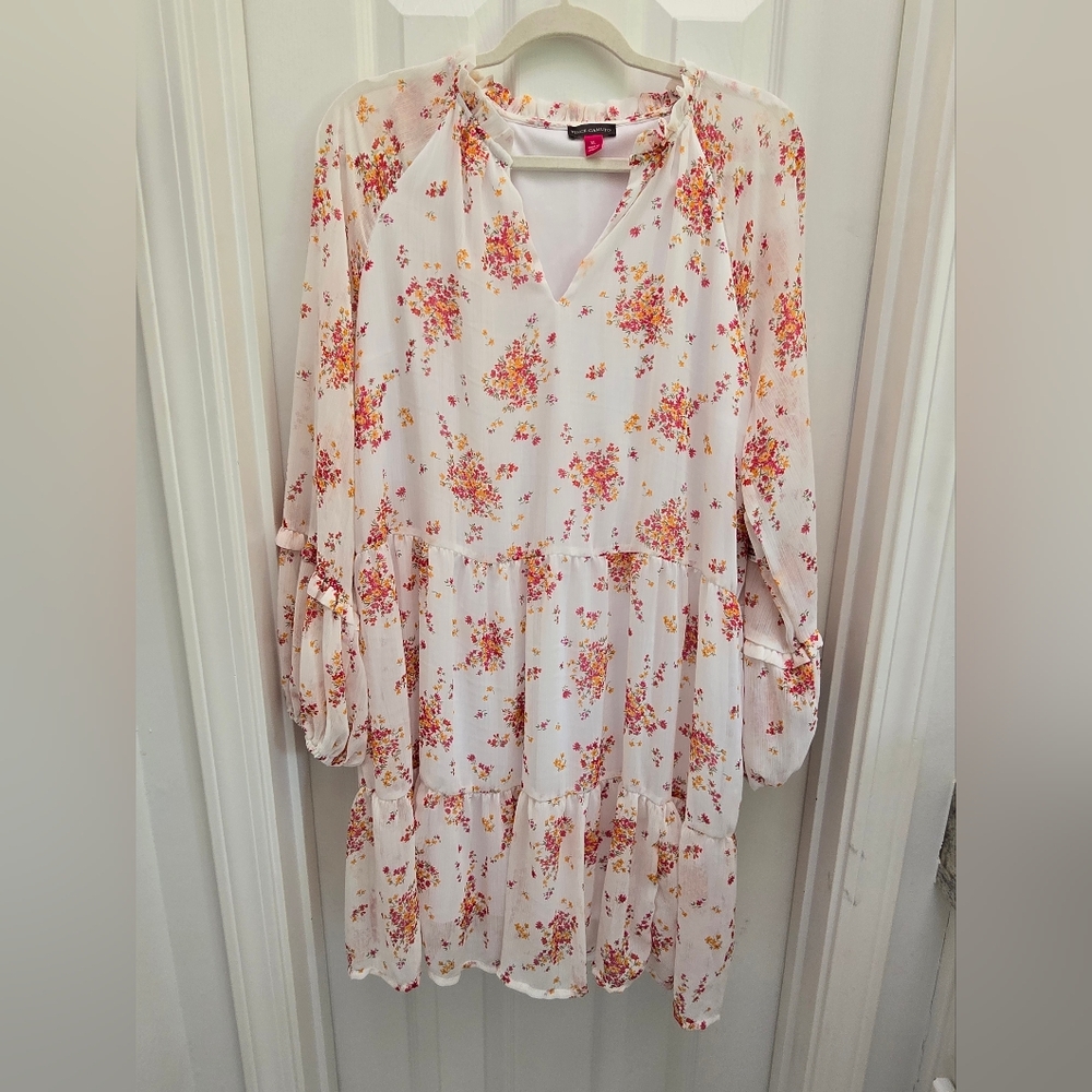 Vince Camuto boho floral V-neck, sheer long sleeves, tiered ruffle midi dress
